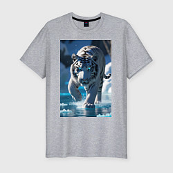 Мужская slim-футболка Белоснежный тигр крадется по льду