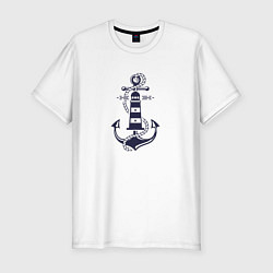 Футболка slim-fit Морская эмблема - якорь и маяк, цвет: белый