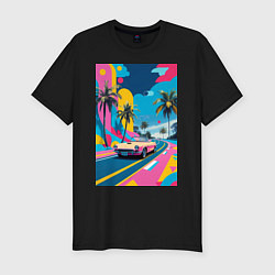 Мужская slim-футболка Кабриолет едет по тропическому острову в стиле Куб