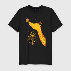 Футболка slim-fit Пятнистые друзья - жираф и бабочка, цвет: черный