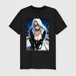 Мужская slim-футболка Черная кошка на крыше небоскреба