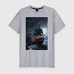Мужская slim-футболка Пиратский корабль в шторм