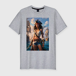 Мужская slim-футболка Пиратка на фона флотилии кораблей