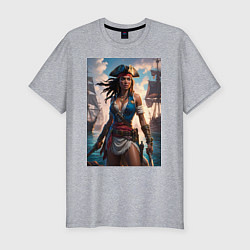 Мужская slim-футболка Пиратка на фона флотилии кораблей