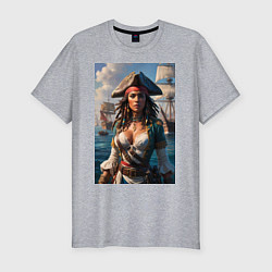 Мужская slim-футболка Пиратка на фона флотилии кораблей