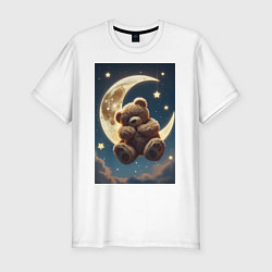 Мужская slim-футболка Плюшевый мишка сидит на Луне
