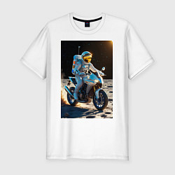 Мужская slim-футболка Космонавт ездит на мотоцикле по Луне