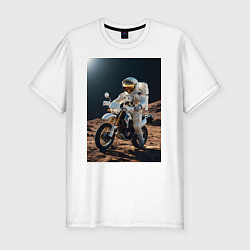 Мужская slim-футболка Космонавт ездит на мотоцикле по Луне