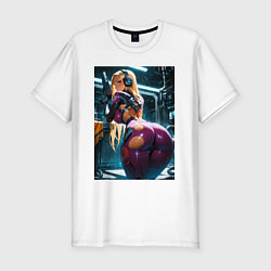 Мужская slim-футболка Девушка с оружием в киберпанк стиле