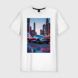 Футболка slim-fit Суперкар на фоне небоскребов, цвет: белый