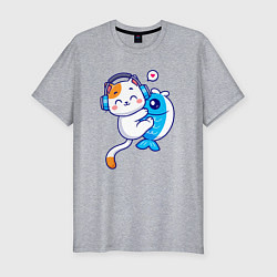 Мужская slim-футболка Котик и рыба