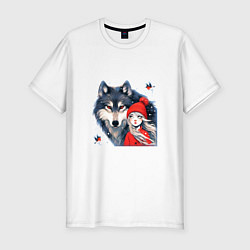 Футболка slim-fit Красивый серый волк и шапочка Красная, цвет: белый