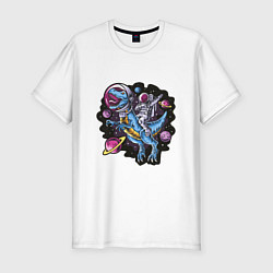 Футболка slim-fit Космонавт на динозавре: планеты, цвет: белый