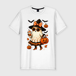 Футболка slim-fit Модное привидение с кофе на хэллоуин, цвет: белый