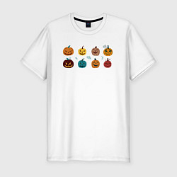 Футболка slim-fit Разноцветные тыквы Джека на Хэллоуин, цвет: белый