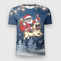 Мужская спорт-футболка Санта едет на мопсе
