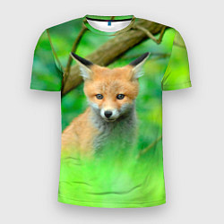 Мужская спорт-футболка Лисенок в зеленом лесу