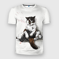 Мужская спорт-футболка Котик с пистолетом на стене мем
