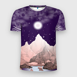 Мужская спорт-футболка Зимнее лунное небо в горах со снегопадом