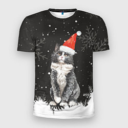 Мужская спорт-футболка Новогодний Черный кот в кружке