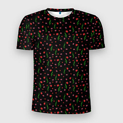 Мужская спорт-футболка Тюльпаны, сердечки , бабочки на черном
