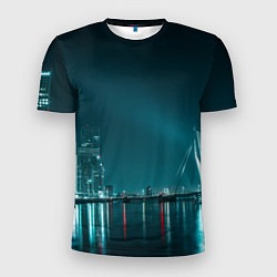 Мужская спорт-футболка Неоновый мост и город - Светло-синий