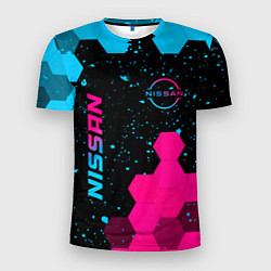Мужская спорт-футболка Nissan - neon gradient: символ и надпись вертикаль