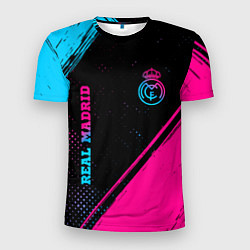 Мужская спорт-футболка Real Madrid - neon gradient: символ и надпись верт