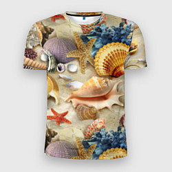 Мужская спорт-футболка Морские раковины, кораллы, морские звёзды на песке