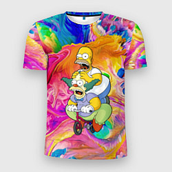 Мужская спорт-футболка Гомер Симпсон и клоун Красти едут на детском велос