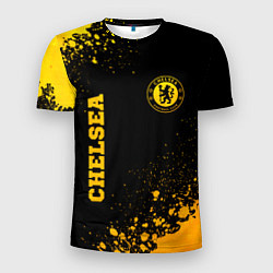 Мужская спорт-футболка Chelsea - gold gradient: символ и надпись вертикал