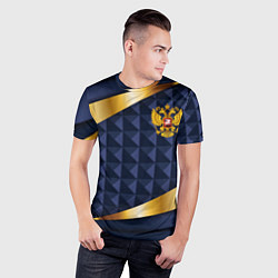Футболка спортивная мужская Золотой герб России на объемном синим фоне, цвет: 3D-принт — фото 2