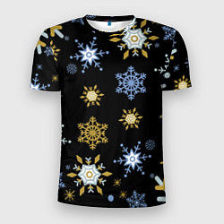 Мужская спорт-футболка Новый год снежинки на чёрном фоне