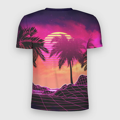 Мужская спорт-футболка Пальмы и пляж в розовом закате ретро дизайн / 3D-принт – фото 2