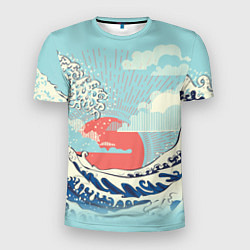 Мужская спорт-футболка Морской пейзаж с большими волнами на закате