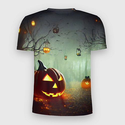 Мужская спорт-футболка Тыква на Хэллоуин в ночном туманном лесу / 3D-принт – фото 2