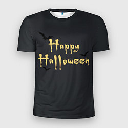 Футболка спортивная мужская Happy Halloween надпись с летучими мышами, цвет: 3D-принт