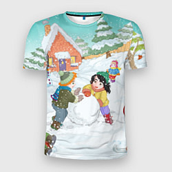 Мужская спорт-футболка Новогодние каникулы - дети лепят снеговика