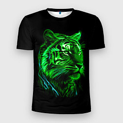 Футболка спортивная мужская Нейросеть: неоновый зелёный тигр, цвет: 3D-принт