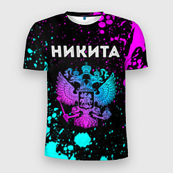 Мужская спорт-футболка Никита и неоновый герб России