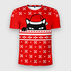Мужская спорт-футболка Выглядывающий котик - красный свитер