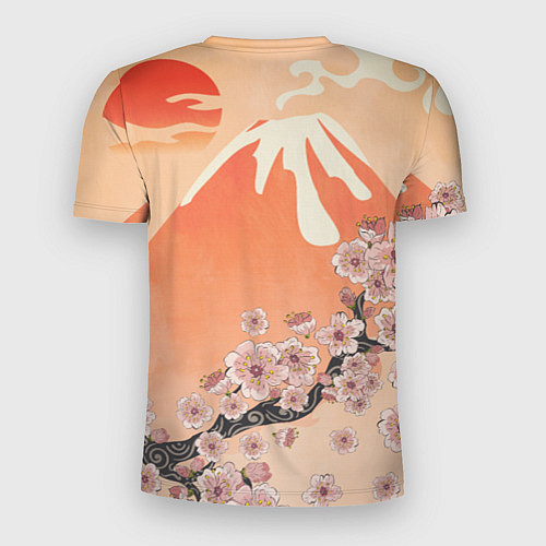 Мужская спорт-футболка Ветка цветущей сакуры и вулкан / 3D-принт – фото 2