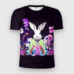 Мужская спорт-футболка Кролик в цветах на черном фоне