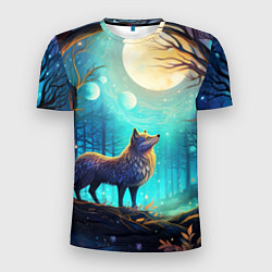 Мужская спорт-футболка Волк в ночном лесу в folk art стиле