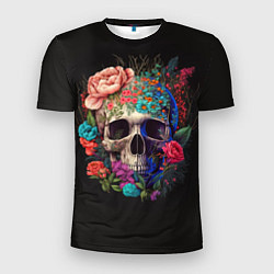 Футболка спортивная мужская Череп украшенный цветами, цвет: 3D-принт