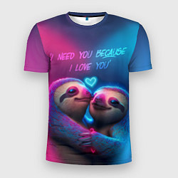 Мужская спорт-футболка Влюбленные ленивцы обнимаются на фоне неонового се