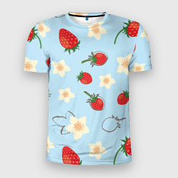 Футболка спортивная мужская Узор из ягод клубники на голубом фоне, цвет: 3D-принт