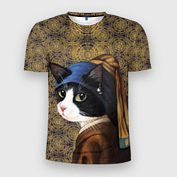 Футболка спортивная мужская Кошечка с жемчужной сережкой Ян Вермеер пародия, цвет: 3D-принт