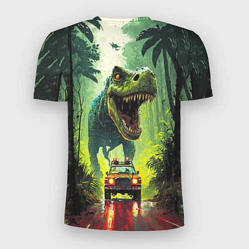 Мужская спорт-футболка Динозавр в погоне за машиной в джунглях / 3D-принт – фото 2