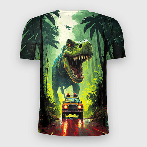 Мужская спорт-футболка Динозавр в погоне за машиной в джунглях / 3D-принт – фото 2